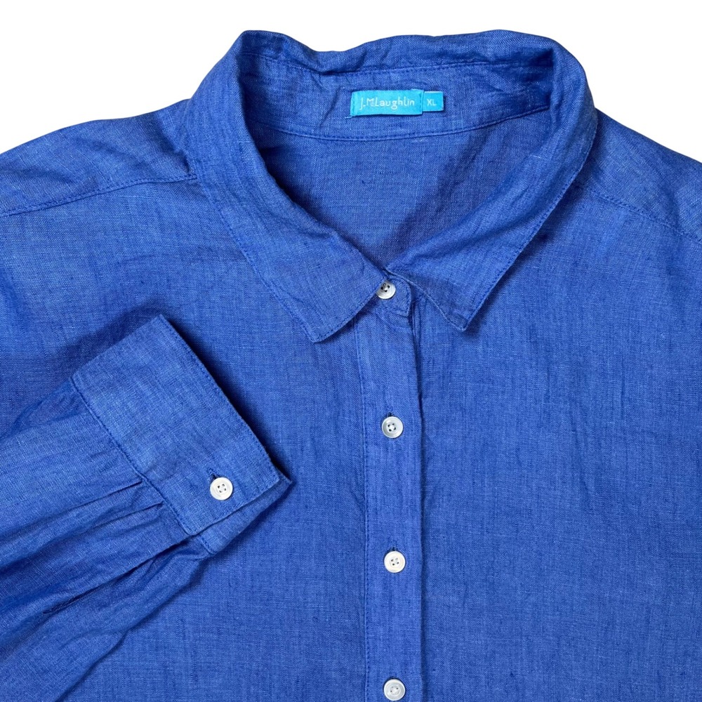 J McLaughlin Tunic Top Women XL Blue Linen Lagenlook Relaxed Fit Coastal Casual‎